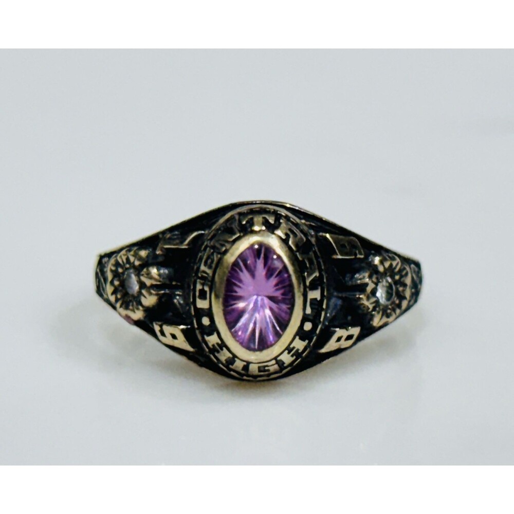Vintage Class Ring Gold Tone Purple Rhinestone 1989 Central High Size 6